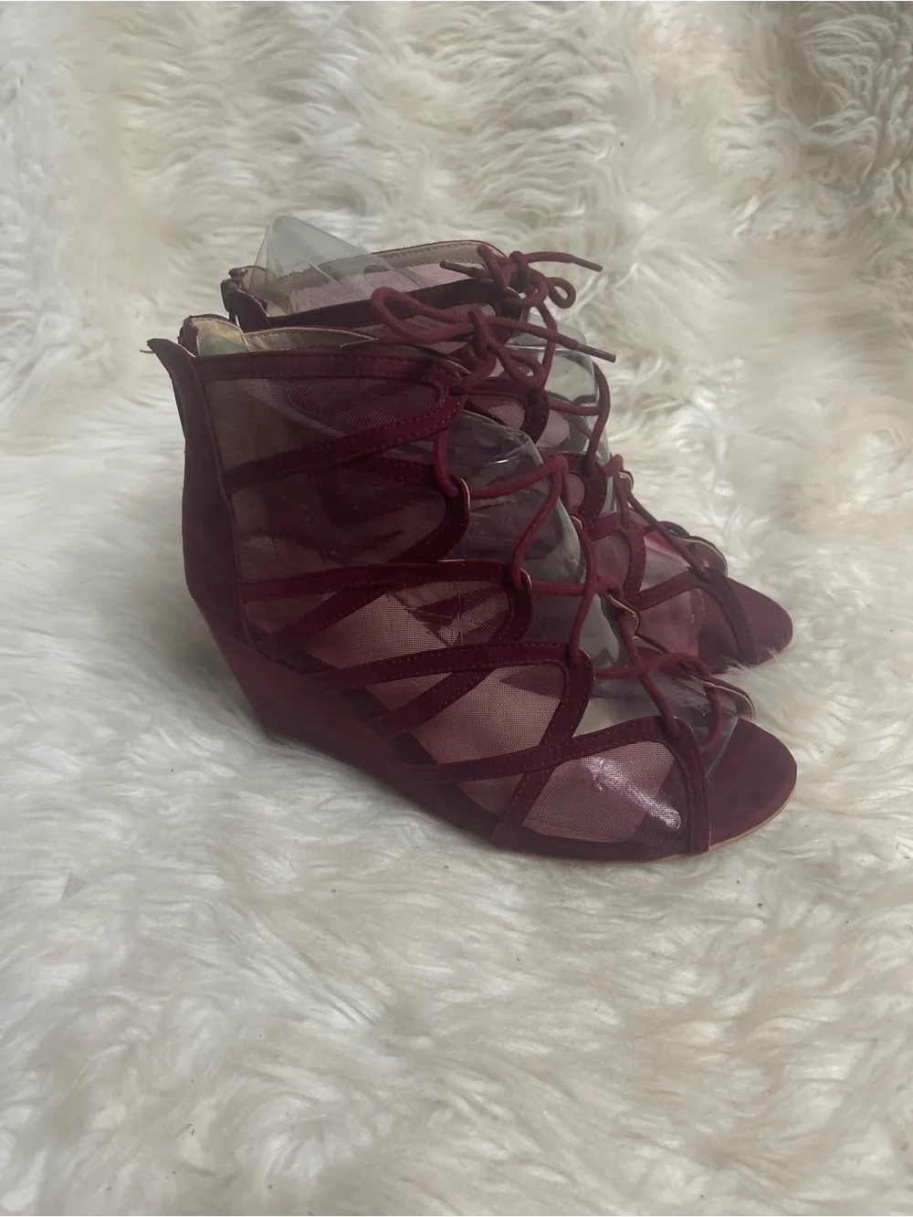 Torrid Burgundy synthetic suede & Mesh Lace-Up Wedge Sandals SZ9